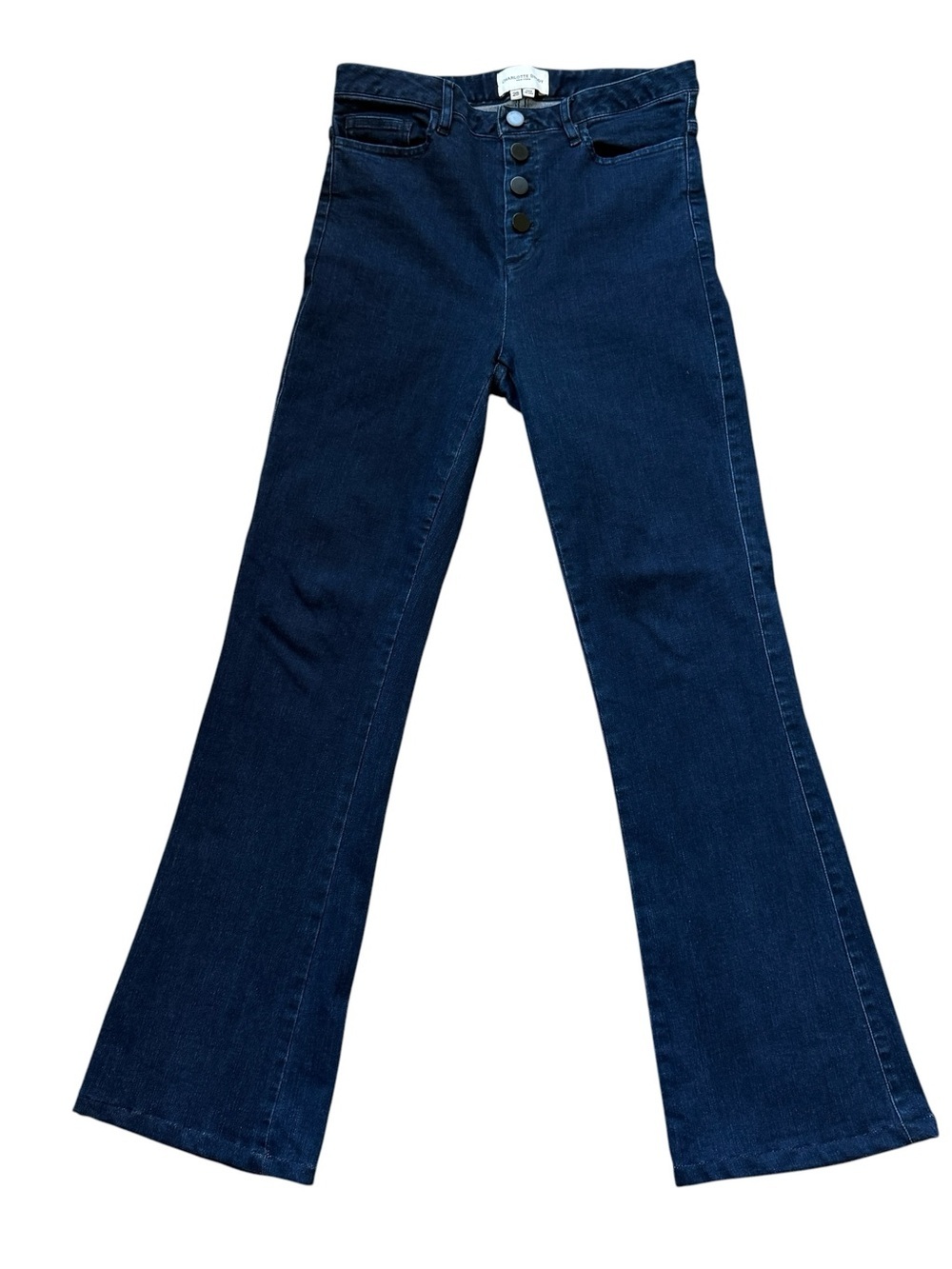 Charlotte Brody High Rise Button Fly Flare Jeans Dark Wash Stretch Denim 28 Luxe